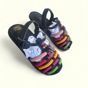 Farm Rio NEW Black Rainbow Beaded vegan sandals with dust bag size 9 tassels